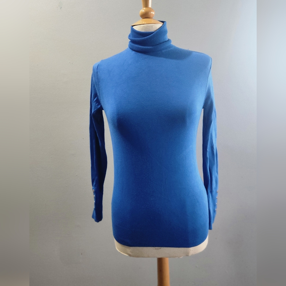 Blue Zara Faux Button Sleeve Turtleneck Long Sleeve Pullover Sweater
